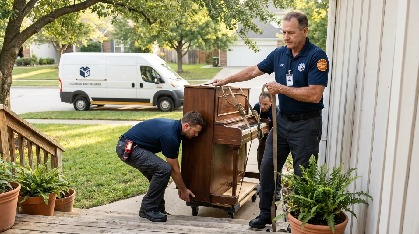 Licensed piano movers securing grand piano in Point Roberts, WA